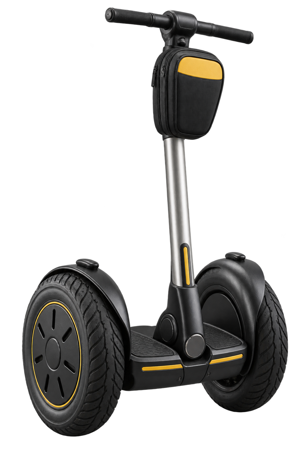 A black and silver two-wheel Segway with a yellow tour bag